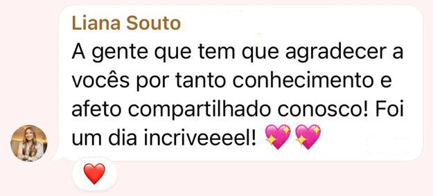 A gente que tem que agradecer a vocês por tanto conhecimento e afeto compartilhado conosco! Foi um dia incriveeeel! Comentário da Liana Souto